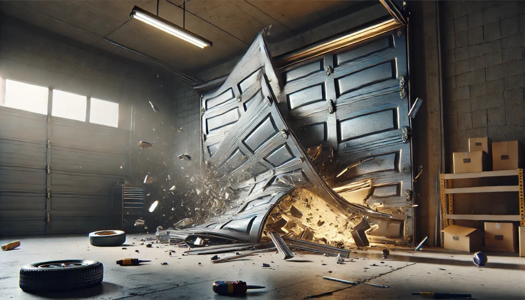 A realistic digital rendering of a garage door breaking apart. The metal panels are bent and twisted, with some pieces falling to the ground. Sparks and debris fly as the door is forcefully damaged. The scene is set in a dimly lit garage with tools scattered around. Shadows and reflections add depth, garage-door-breaking-apart