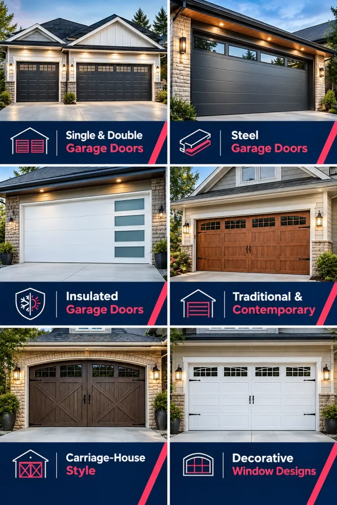 Single & Double Garage Doors, Steel Garage Doors, Insulated Garage Doors, Traditional & Contemporary, Carriage-House Style, and Decorative Window Designs